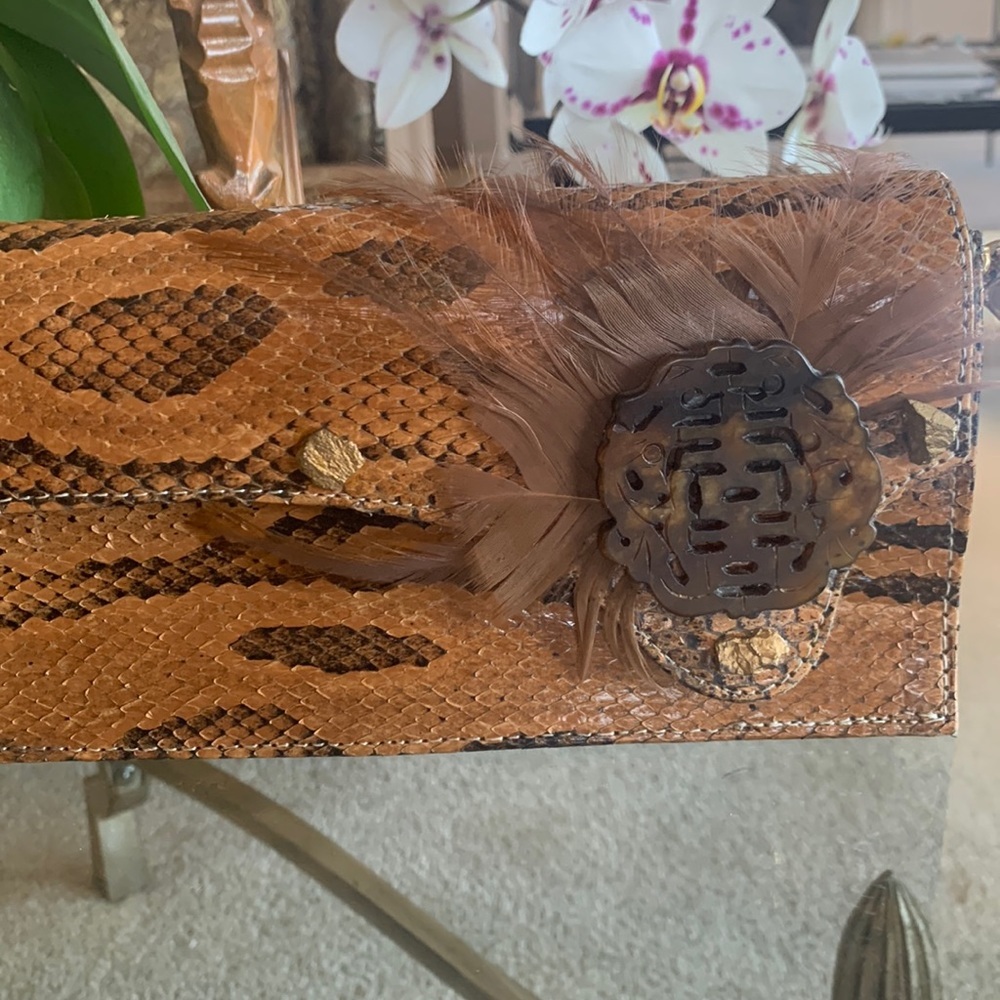 Python Baguette Flap Wristlet Clutch, Feathers & … - image 3